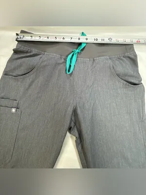 Figs Straight Leg Scrub Pants in Charcoal with Teal Drawstring thumbnail 4