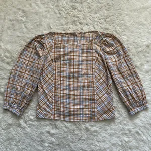 Free People Top Button Back Puff Sleeve Plaid Tan Blue S thumbnail 4