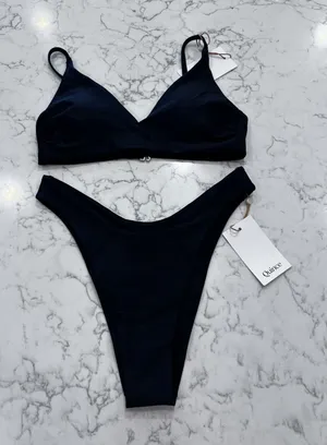 NWT Quince Black Italian V Neck Bikini Top & High Leg Bottom Set Size Small thumbnail 1