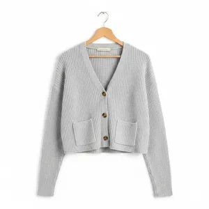 No Boundaries Womens Cardigan Sz XXL Light Grey Ribbed Button Front Cropped Soft thumbnail 6