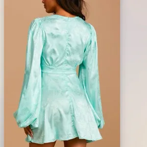 Lulus Stunning Moment‎ Light Blue Satin Jacquard Long Sleeve Mini Dress MEDIUM thumbnail 5