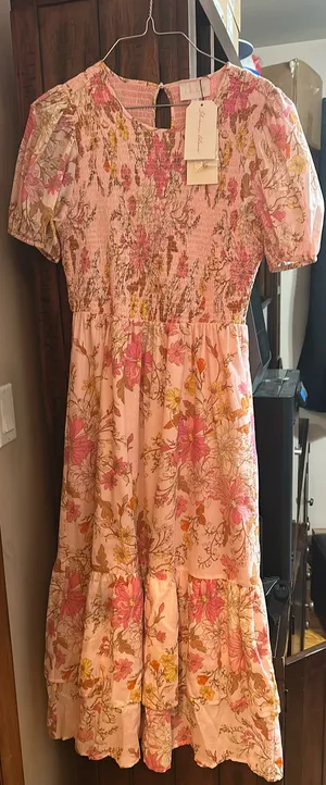 Boutique Floral Smocked Midi Dress with Puff Sleeves thumbnail 1