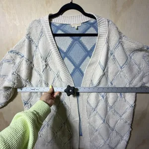 Gilded Intent Cardigan‎ Sweater L Blue Cream Chunky Knit Open Front thumbnail 8