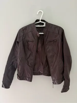 Jou Jou Brown Faux Leather Moto Jacket Zip Pockets Size XS thumbnail 3