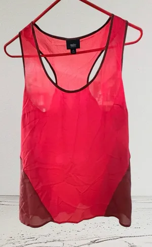 Mossimo sheer red razorback tank with brown asymmetrical side panels XS thumbnail 1
