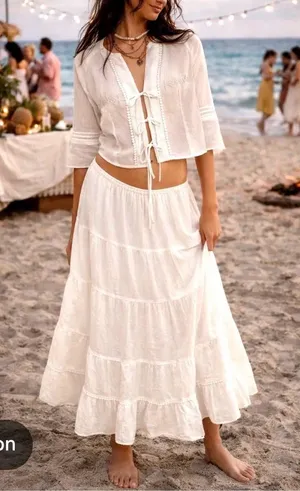 Free people White boho bohemian Tie-Front Blouse with embroidery details thumbnail 1