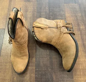 Laredo Western Ankle Boots Tan Suede Leather Size 8M Fringe Strap Cowboy Booties thumbnail 1