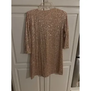 Lulus Rose Gold Sequin V-Neck Shift Mini Dress 3/4 Sleeve Small thumbnail 4