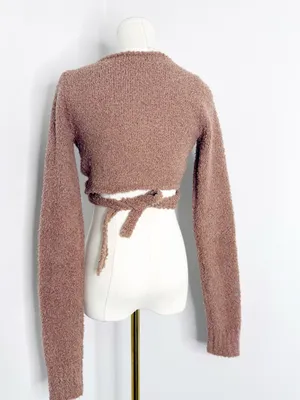 SKIMS Cozy Knit Wrap Sweater S/M Teddy Fuzzy Cropped Tie Front Brown thumbnail 4