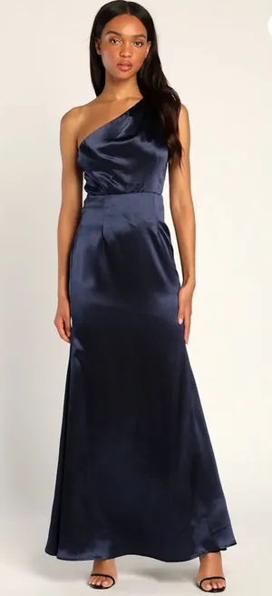 Wedding Guest Bridesmaid Lulu's One-Shoulder Satin Maxi Dress in Navy thumbnail 1