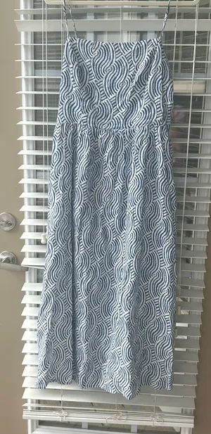Linen Blend Blue and white midi dress thumbnail 1