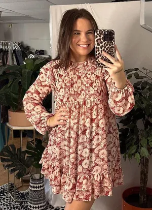 Free People These Dreams Red Floral Print Pleated Mini Dress in Tea Combo thumbnail 8