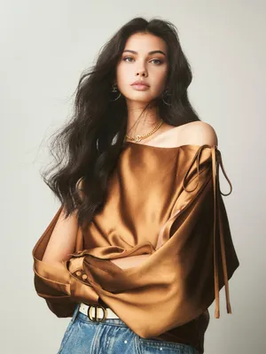 Commense Elegant Copper Minimalist Satin Asymmetrical Cold Shoulder Blouse XS thumbnail 1
