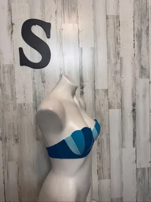 SheIn Blue Colorblock Scalloped Strapless Bikini Top Swimsuit Womens Small Push Up thumbnail 4