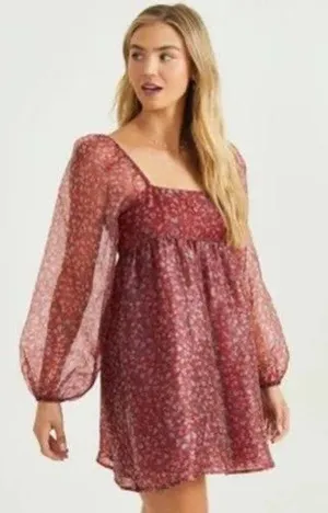 Altar'd State Women's Balloon Sheer Sleeves Floral Janey‎ Dress Burgundy Medium thumbnail 1