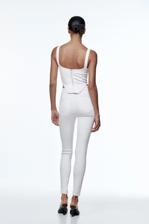 ZARA White sleeveless denim corset top never worn with zipper back thumbnail 2