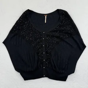 NWOT Free People‎ Womens L Sequined Cardigan Sweater Black Button Front Knit Top thumbnail 1