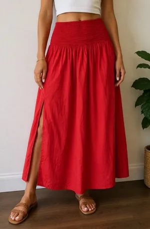NWOT Wild Fable Red Smocked Maxi Skirt Side Slit Boho Summer XS thumbnail 1