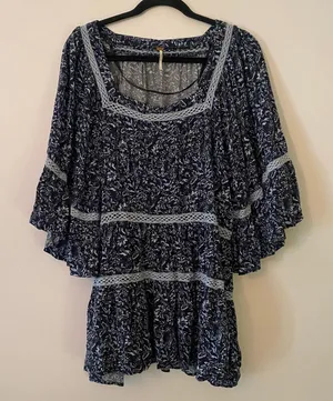 Free People Blue Floral Boho Square Neck Flowy Blouse Tunic Fairycore size Large thumbnail 1