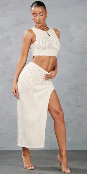 Sleeveless Ribbed Cream Maxi Skirt with High Slit 2 pcs thumbnail 1
