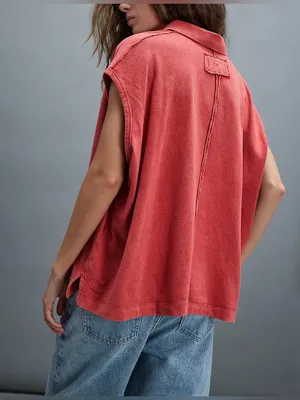 NWT Free People We The Free Keep On Polo - Fiery Red - medium thumbnail 4