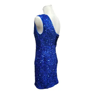 One Shoulder Velvety Sequin Mini Dress Blue Medium thumbnail 4