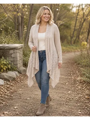Dressbarn Petite L Beige Crochet Open Front Cardigan thumbnail 2