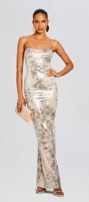 Retrofete Winslow Sequin Dress Strapless Snakeskin Print Column Gown Medium thumbnail 1