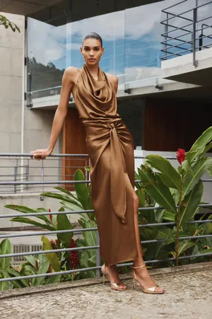 Zara Brown Satin maxi long Dress evening party holiday wedding cocktail gown thumbnail 13