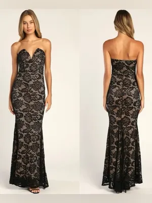 Lulus Sexy Sophistication Black Lace Strapless Trumpet Maxi Dress Size Small NWT thumbnail 2