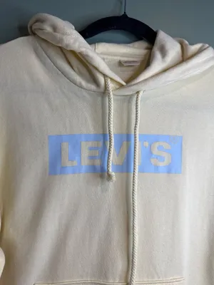 Levi’s Women’s S Y2K Cream Hoodie Sweatshirt Blue Logo Cotton Blend Pullover thumbnail 2