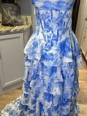Blue & White Floral Ruffled Prom Dress thumbnail 1