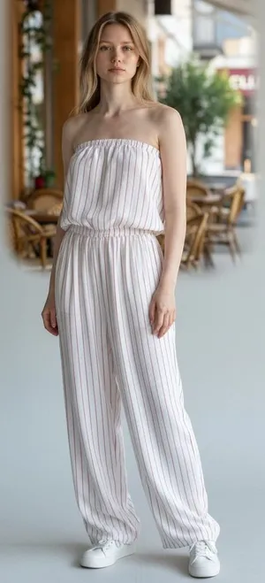 Forever 21 Contemporary Red White Striped Strapless Wide Leg Jumpsuit‎ Small thumbnail 1