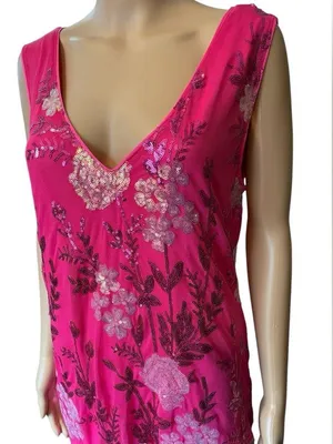 Pink Silver Sequin Embroidered Floral Preppy Barbie Glam Party Midi Dress thumbnail 2