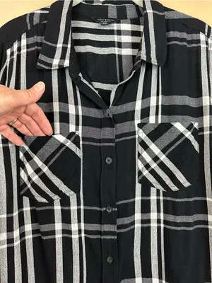 Lucky Brand Womens Black Plaid Button Front Blouse Black White Gray M Y2K Grunge thumbnail 2