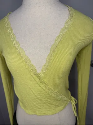 Urban Outfitters Lime Green Ribbed Lace-Trim Wrap Sweater thumbnail 3