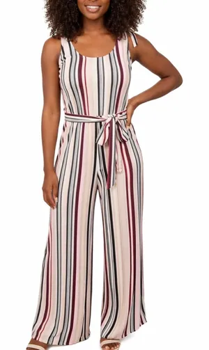 New Directions sz XL Striped Tie Sleeve Wide Leg Jumpsuit Romper Comfy Stretchy thumbnail 1