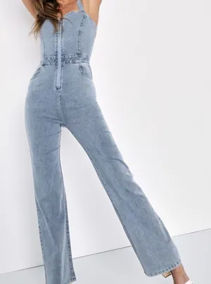 Movin' and Groovin' Light Wash Zip-Front Tie-Back Jumpsuit thumbnail 1