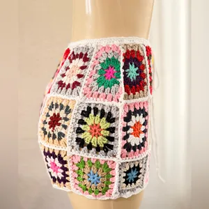 Crochet Patchwork Mini Skirt - Multicolor size XS to small lined thumbnail 6