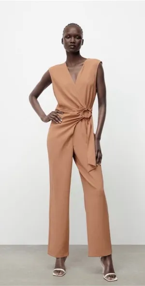 Zara Sleeveless V-Neck Jumpsuit with Side Knot in Camel Brown thumbnail 1