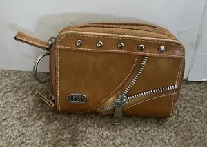 Y2k Leather Wallet Brown Zippered Studded Western Rodeo Ranch Boho Coin Purse thumbnail 1