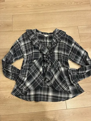 Pilcro x Anthropologie Long Sleeve Ruffled Blouse Plaid Black Size M thumbnail 3