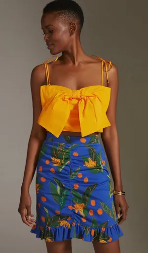 NWT Farm Rio Anthropologie Ruched Mini Skirt Small Blue Tropical‎ Fruit Vacation thumbnail 1
