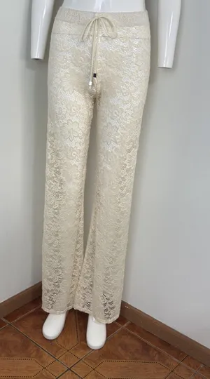 Elan Beach ivory lace boho pull on wide leg pants Cover Up Beach Resort Size M thumbnail 1