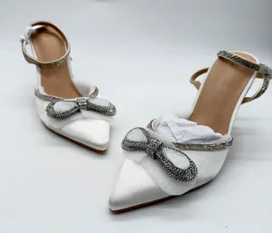 ZAPATOCK White Satin Rhinestone Bow Pointed Toe Stiletto Pumps Wedding Heels 6.5 thumbnail 1