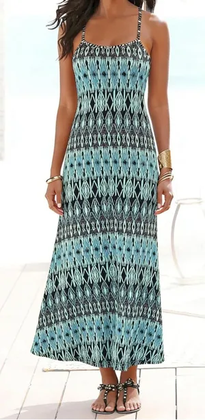 Women’s Blue Black Geometric Strappy Sleeveless Scoop Neck Maxi Dress XXL thumbnail 1