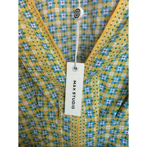 Max Studio Yellow Geometric Floral V-Neck Ruffle Peplum Blouse Size XS NEW thumbnail 5