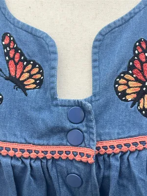 Go Softly Patio Blue Denim Butterfly Embroidered Dress House Duster Medium thumbnail 5