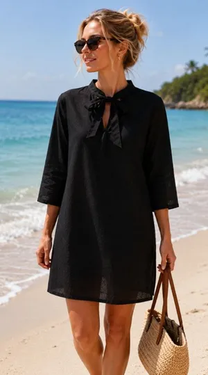 Tuckernuck NWT Black Marseille Caftan Dress XS Tie Neck Beach Cover-Up thumbnail 1