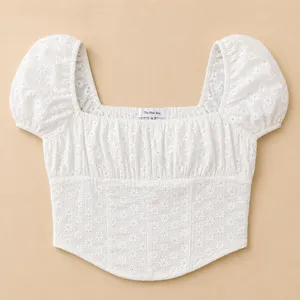 White Eyelet Embroidered Puff Sleeve Crop‎ Top Juniors M Cottagecore Coquette thumbnail 1
